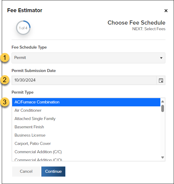 Fee Estimator, Choose Fee Schedule.png