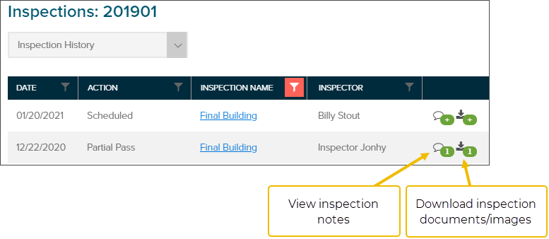 Inspection history for CommunityConnect, download documents, view inspection notes.png