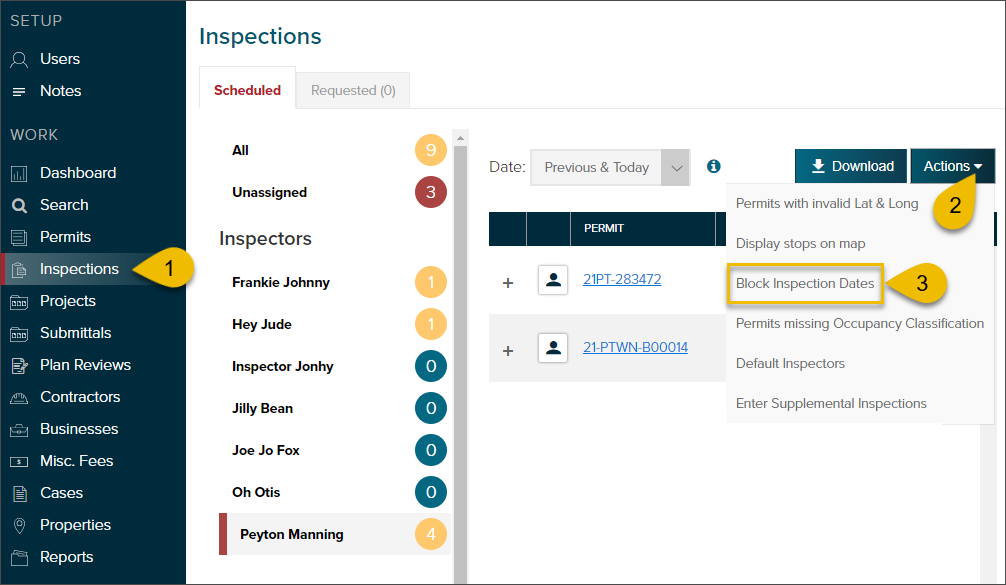 Inspections, actions, block inspection dates