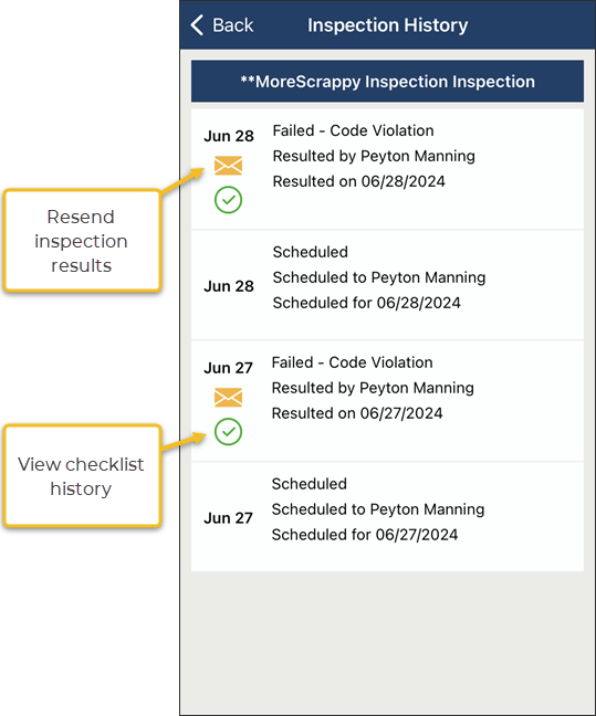 InspectorConnect, Inspection History, Resend Results, Checklist History.PNG