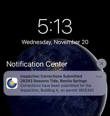 InspectorConnect, Push Notification, Inspection Corrections Submitted.PNG