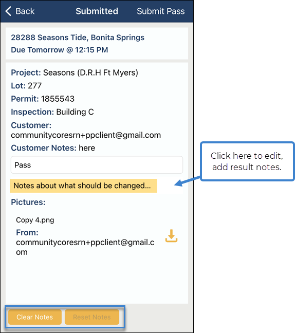 InspectorConnect, Submitted Corrections, Updating Result Notes.png