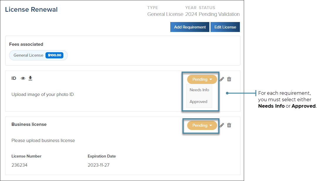 License renewal requirements, select needs info or approved.png