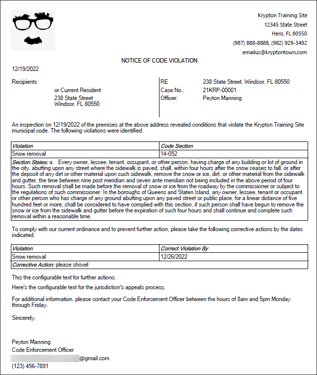 Notice of code violation letter