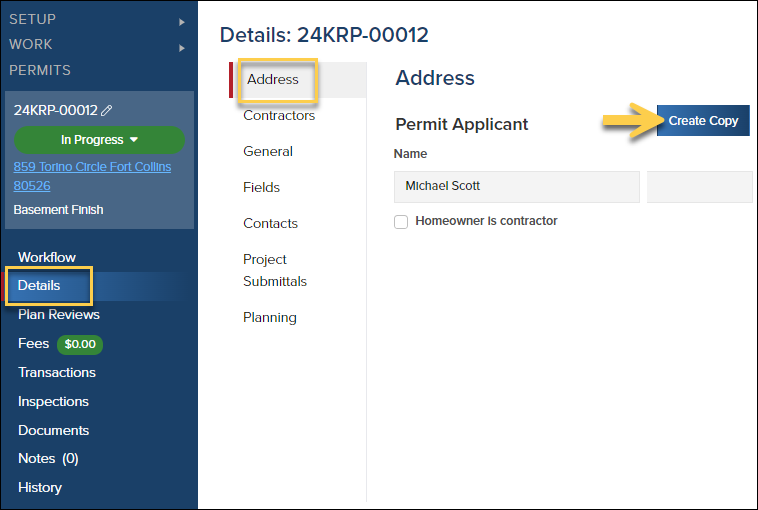 Permit, Details, Address Tab, Click Create Copy.png