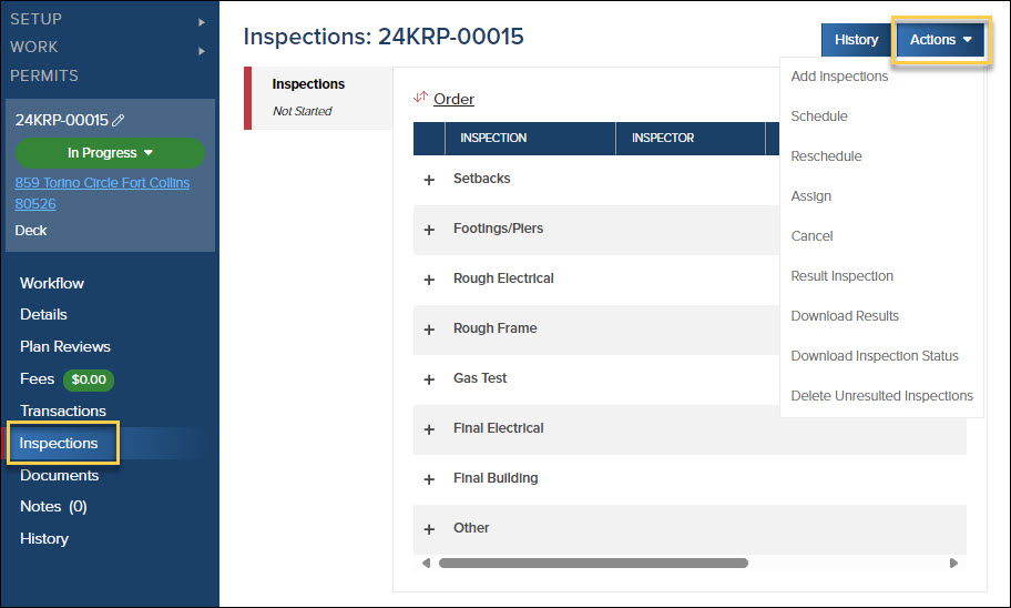 Inspections Actions menu options in a Permit