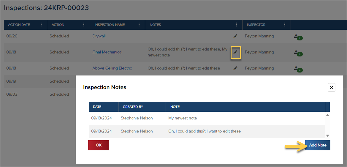 Permits, Inspection History, Scheduled Inspection, Edit, Add Note.png