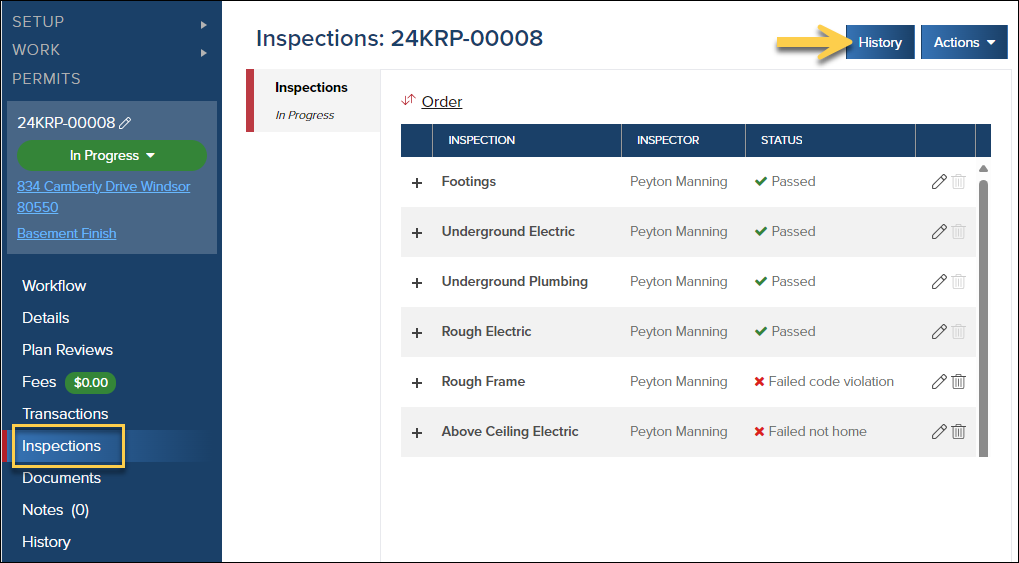 Permits, Inspections, History Button