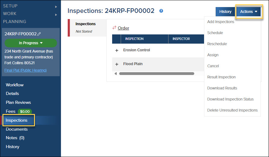 Inspections Actions menu options in a Planning Application