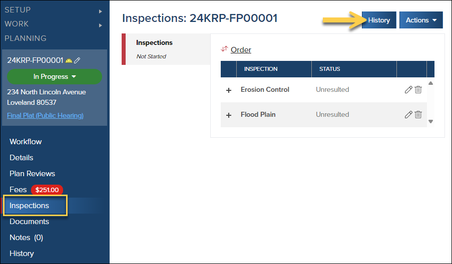 Planning, Inspections, History Button
