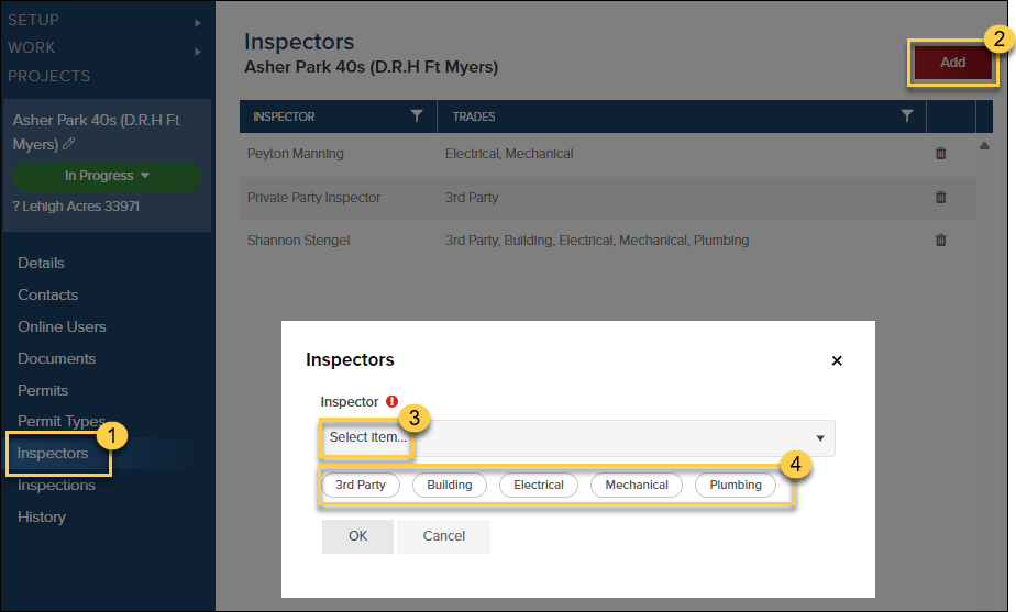 Projects, Inspectors, Add Default Inspector, Select Trades.png