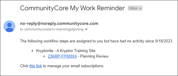 Sample Email, CommunityCore My Work Reminder Email