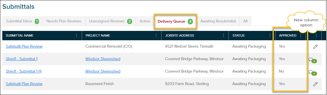 Sprint 5, New submittals column option, delivery queue, approved.png
