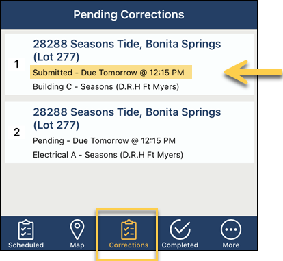 Submitted Corrections, Pending Corrections Screen, InspectorConnect, with Arrow.png