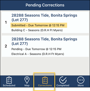 Submitted Corrections, Pending Corrections Screen, InspectorConnect.png
