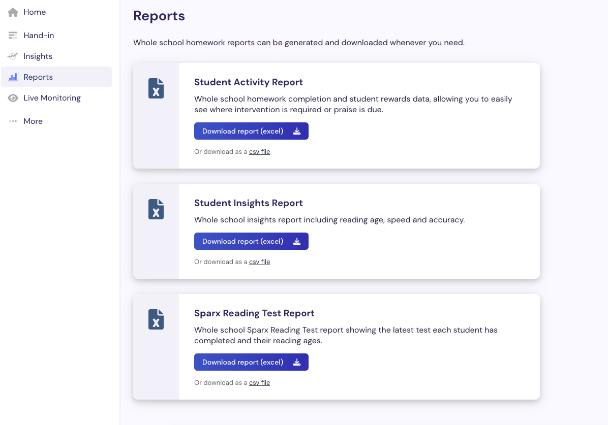 What can I see and do on the Reports page?