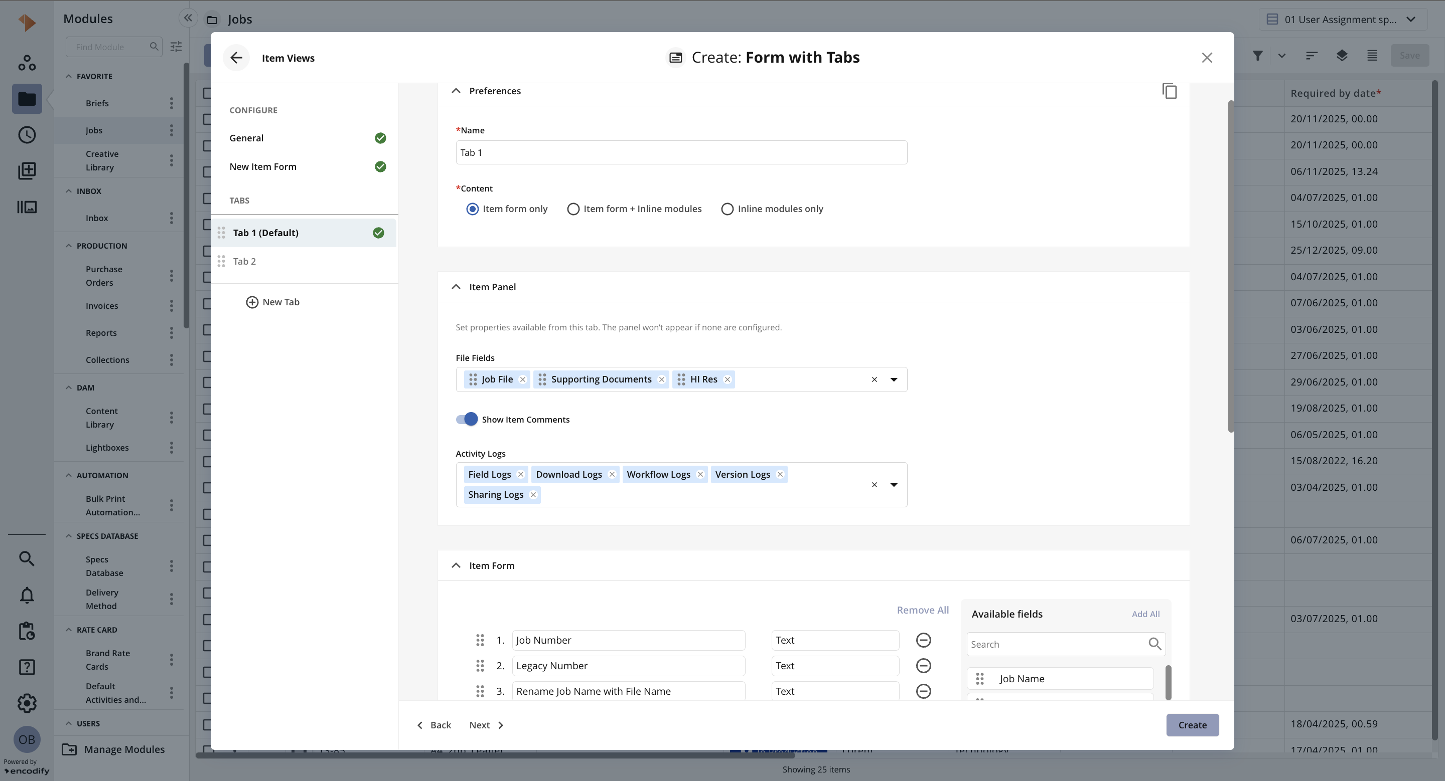 View Form Items Configuring Form with Tabs