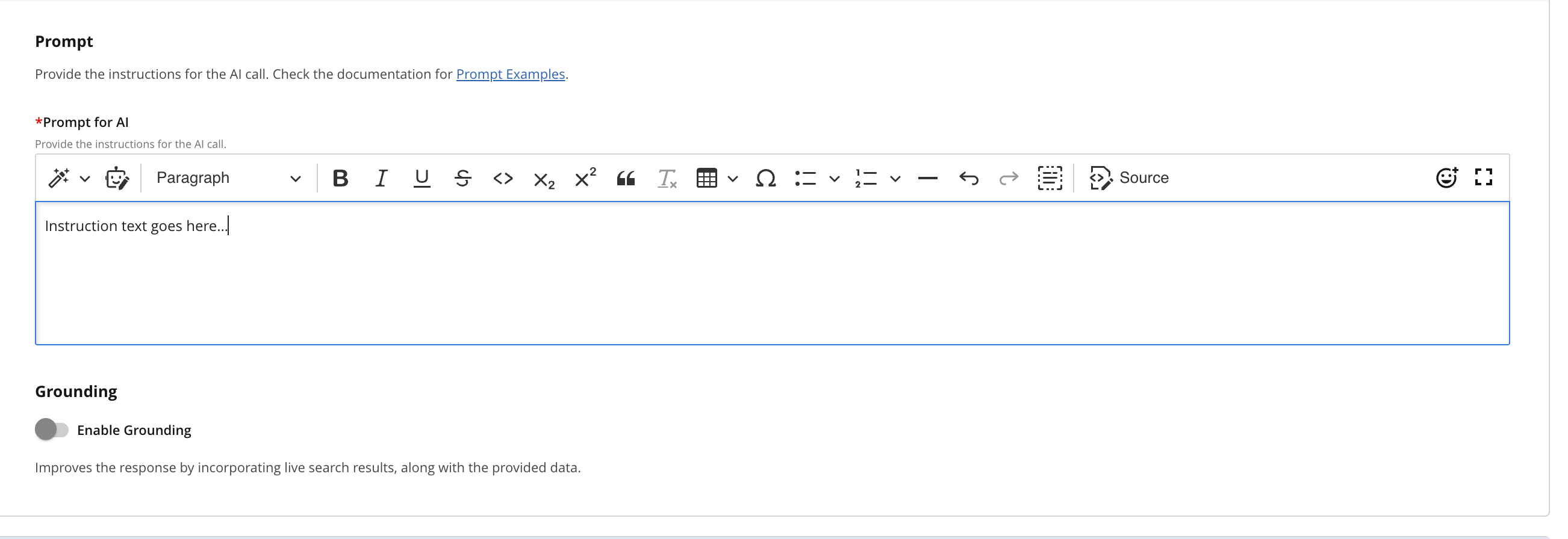 Instruction text area for AI call with formatting options visible above the text box.