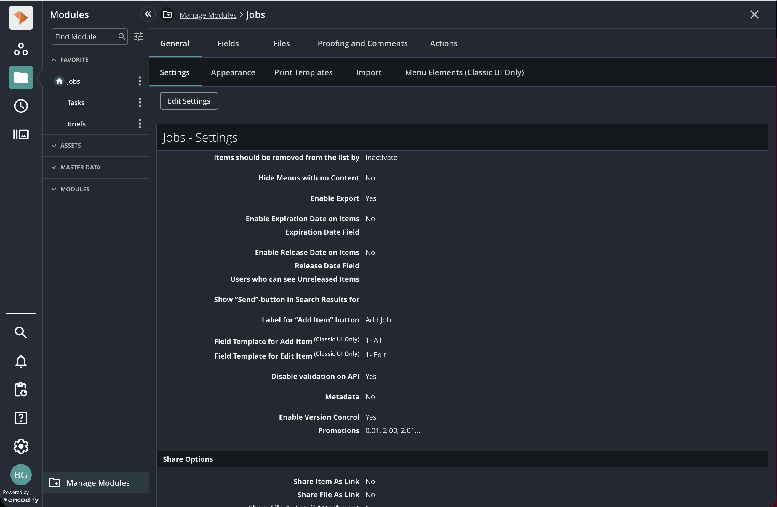 Settings menu for managing job options, including expiration and export features.