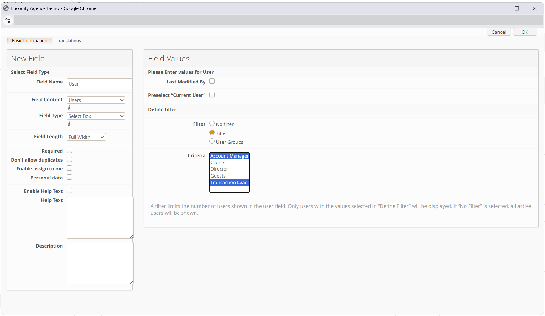 Field definition: Users field