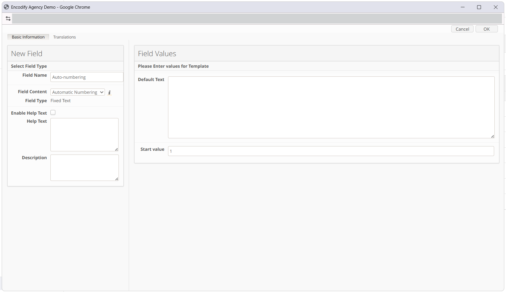 Field Definition: Automatic numbering field&nbsp;