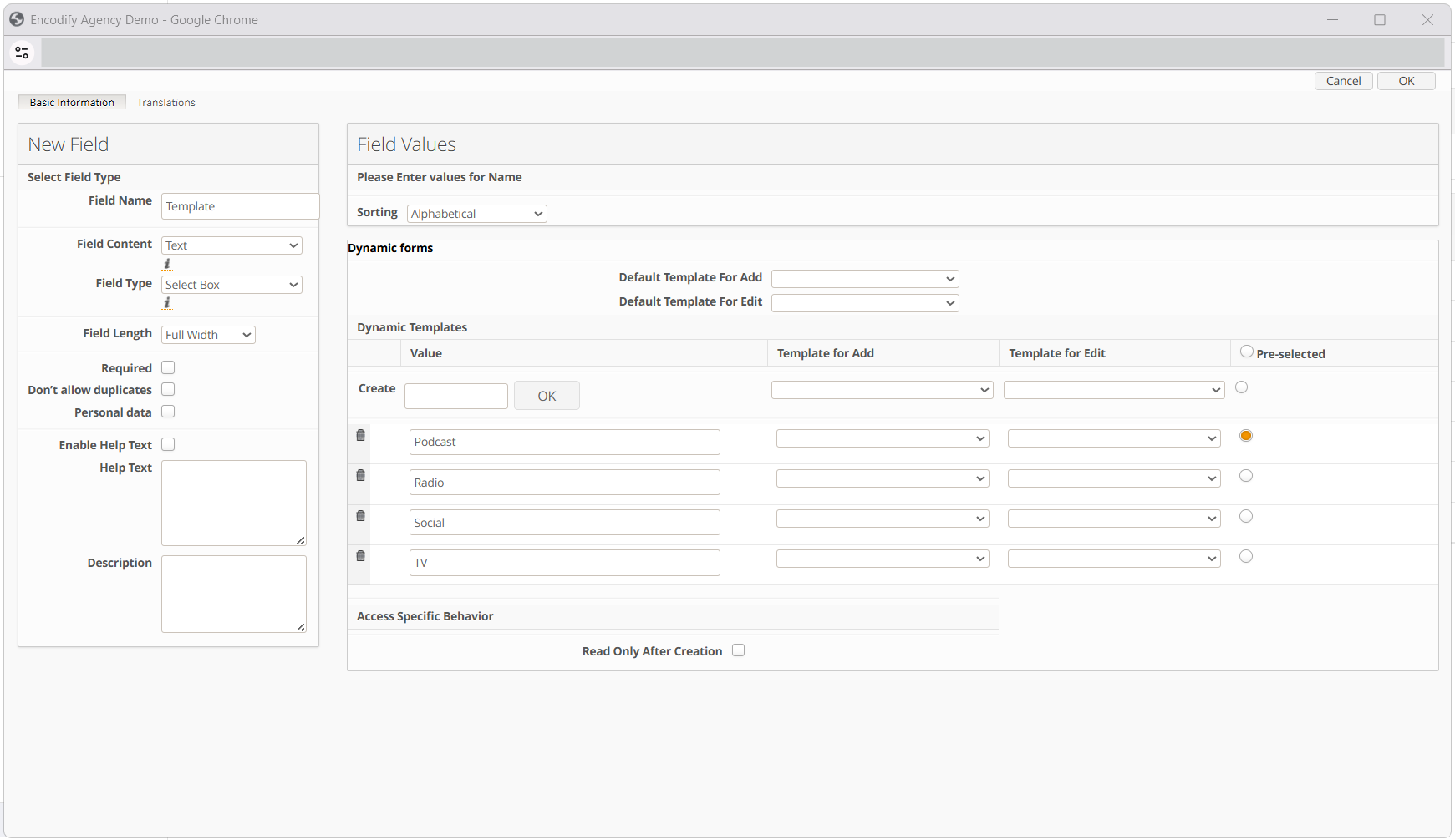 Image displaying field definition type Select Box