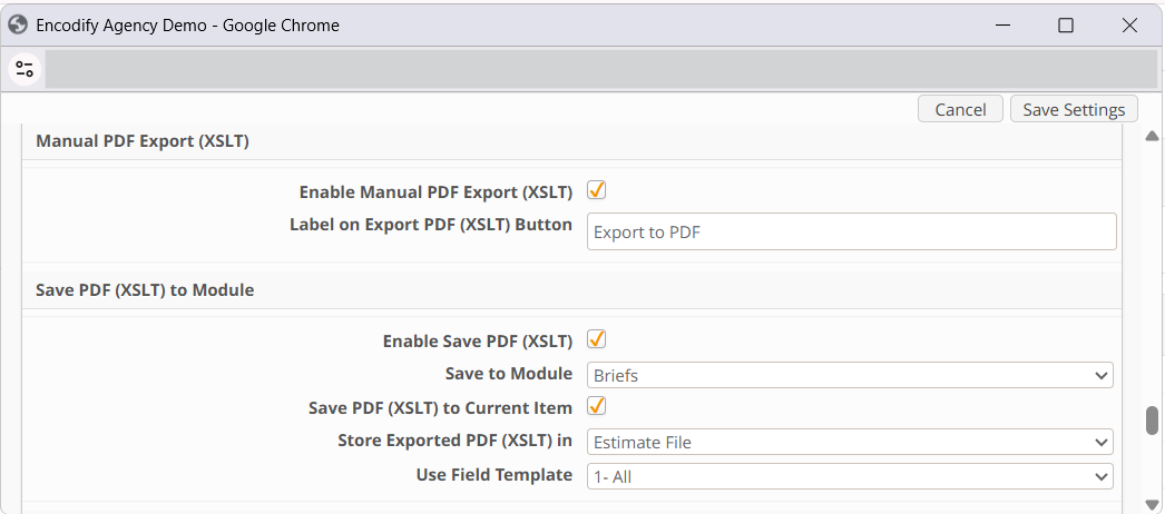 Editing settings: Export to PDF