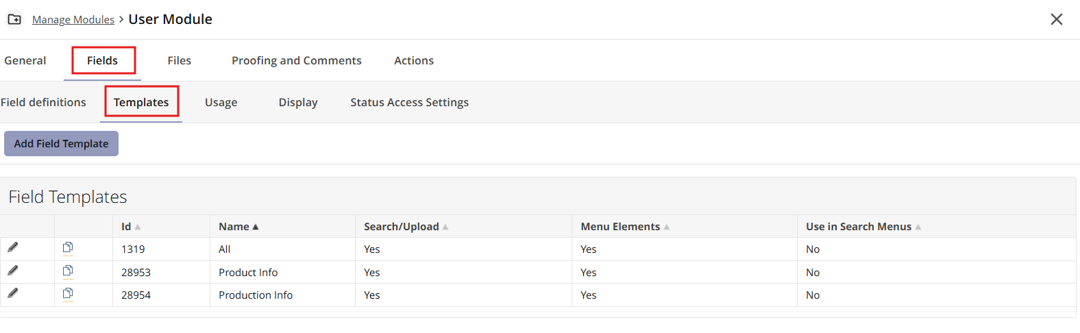 Field templates tab