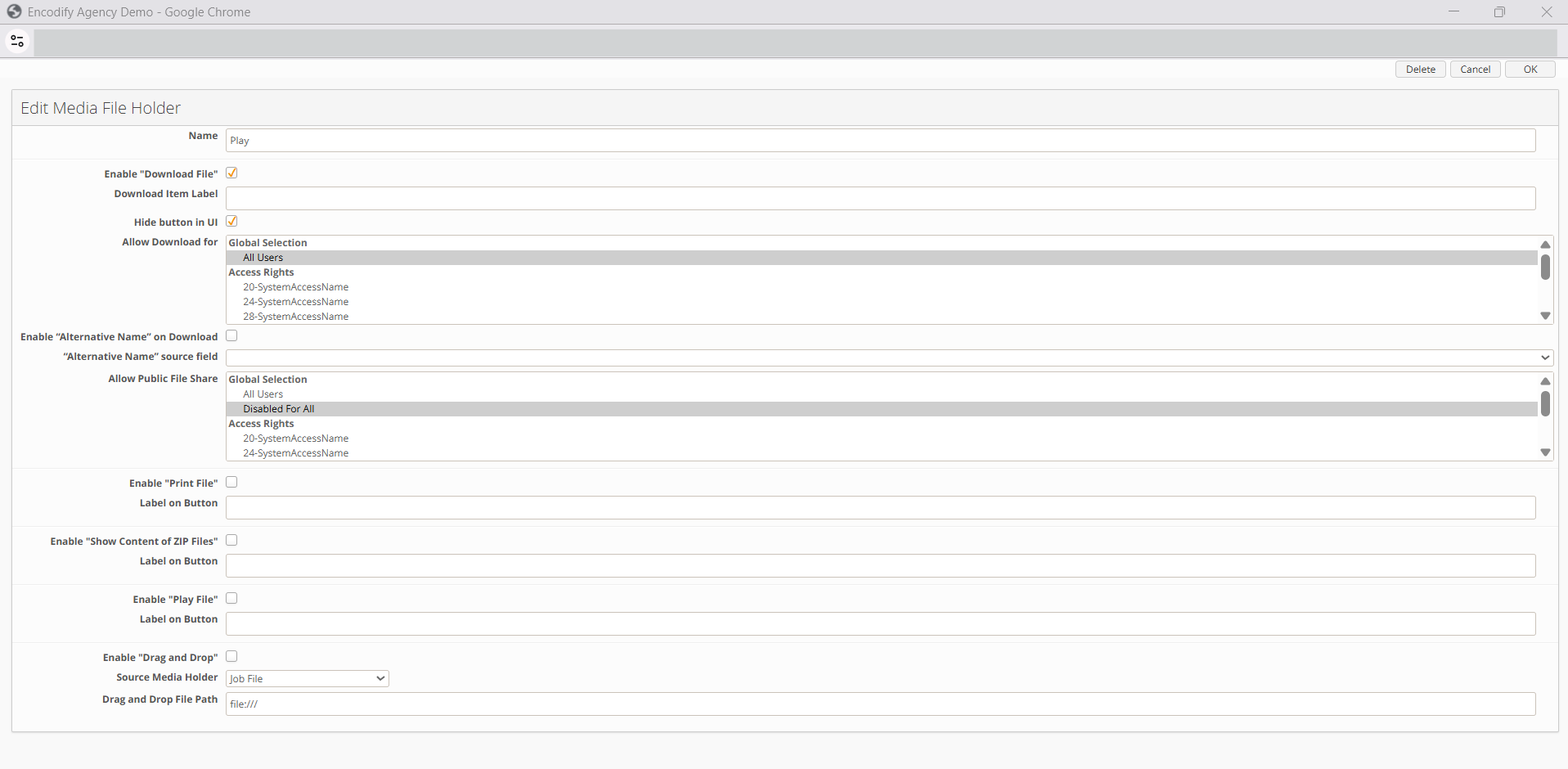 Custom Media File Holder Configuration page