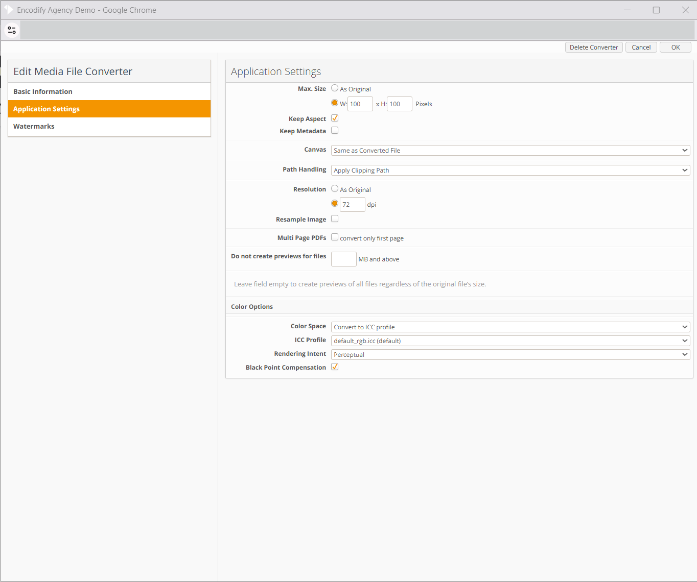 Edit Media File Converter Window Application Settings tab