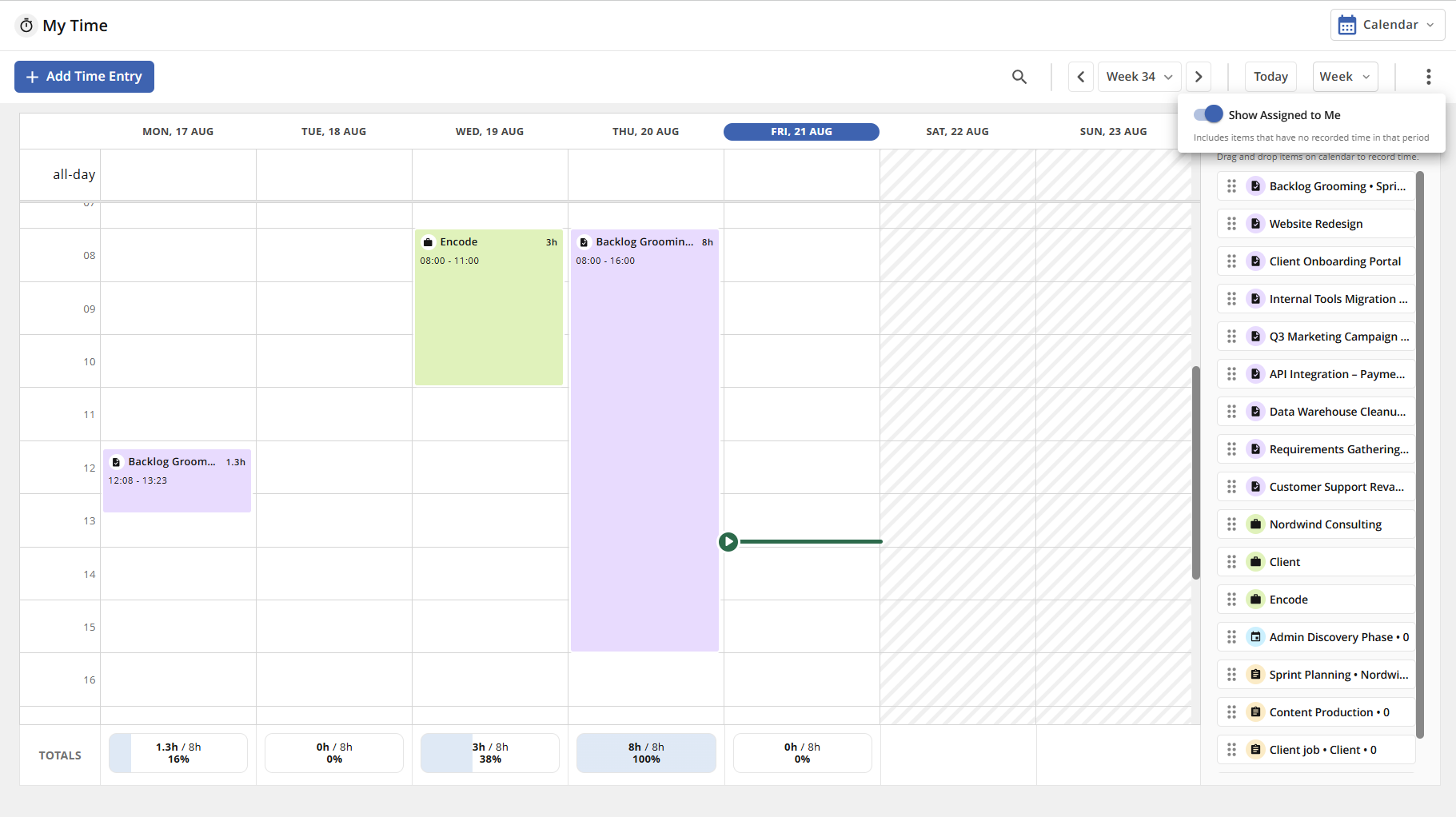 Weekly calendar view showing scheduled tasks and time entries for project management.
