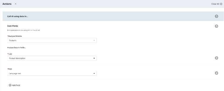 Form fields for analyzing product descriptions and campaign text in an AI module.