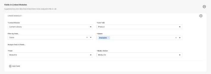 Fields in Linked Modules for linking content library and analyzing media files.