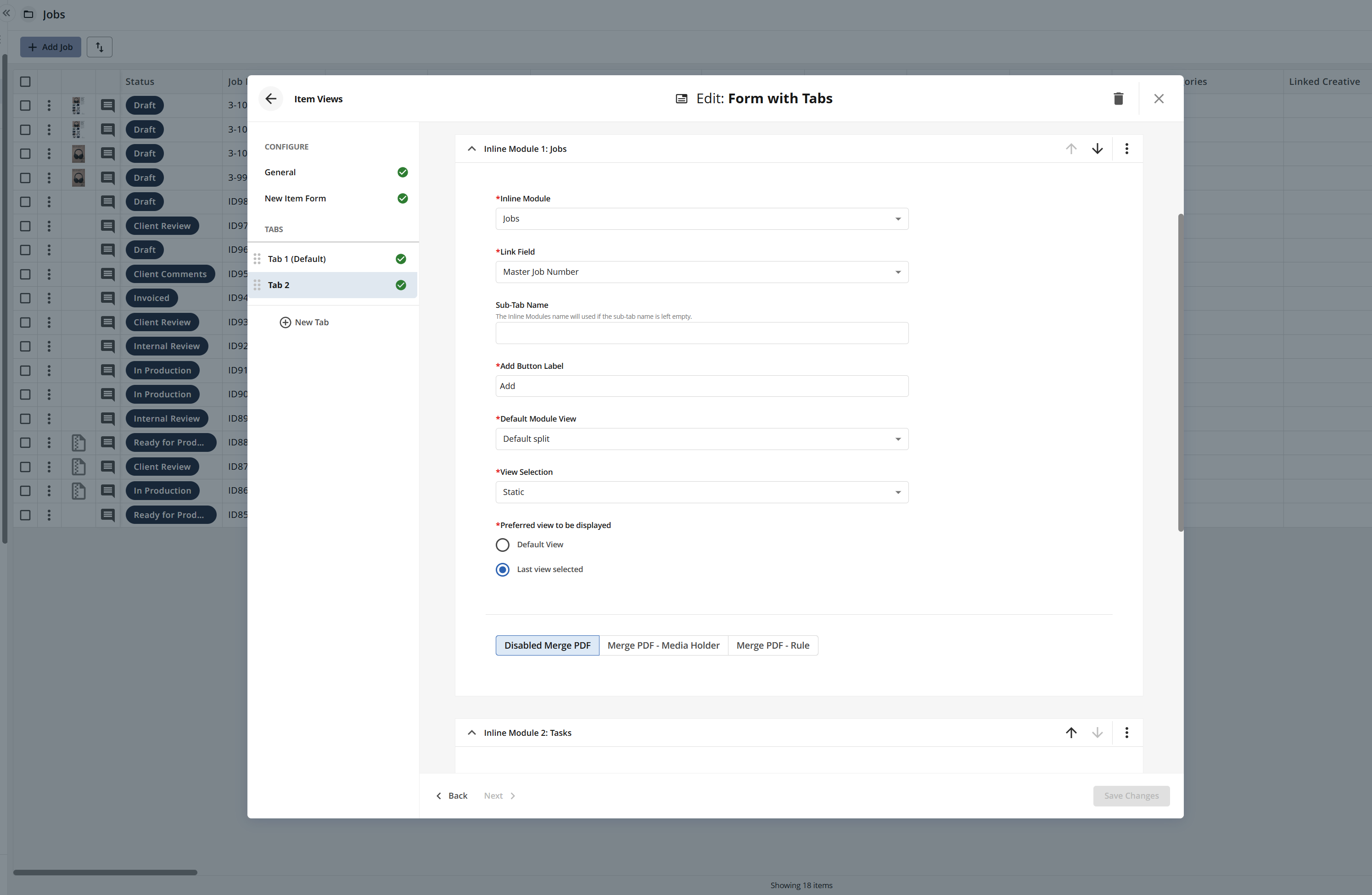 Editing form settings for jobs, including tabs and module configurations.