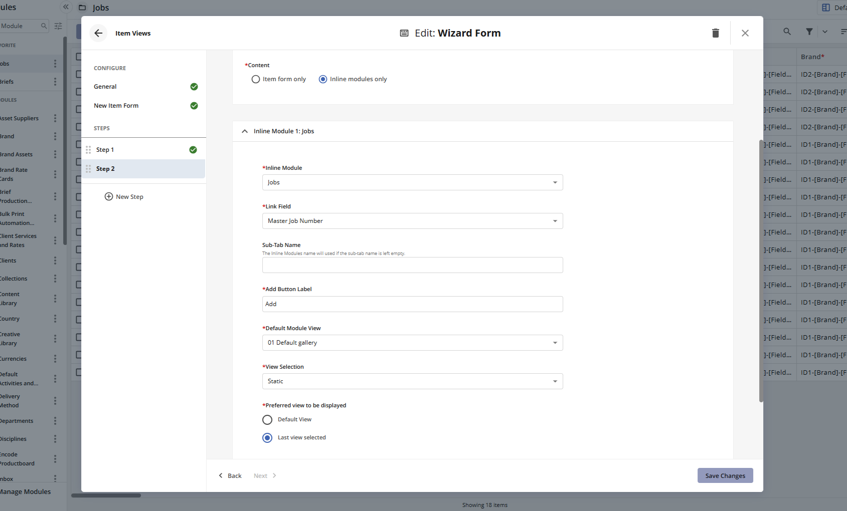 Editing a wizard form with fields for jobs and module settings.