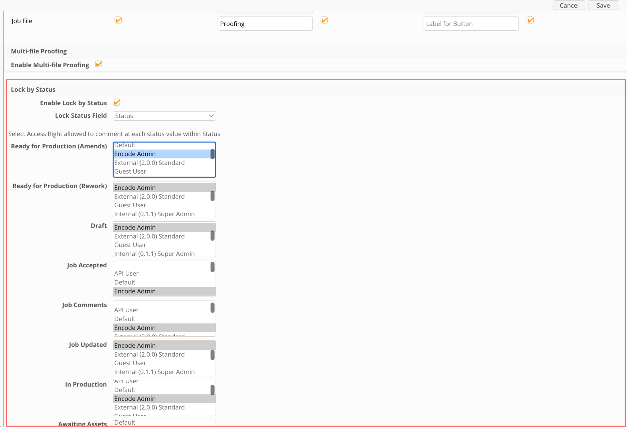 An image of the Proofing and Comments configuration screen highlighting the section to enable Lock by Status