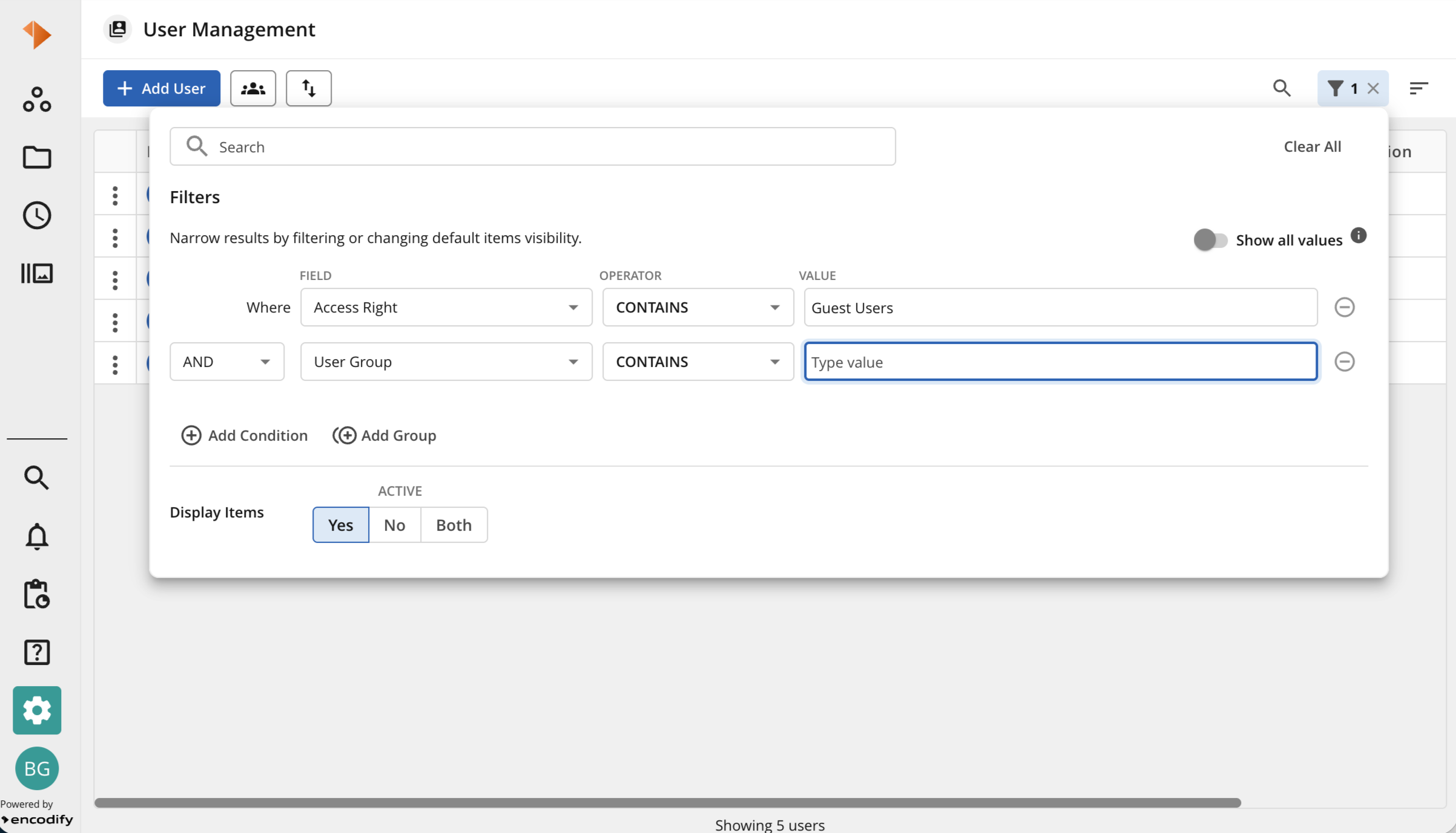 User management interface displaying filters for access rights and user groups.
