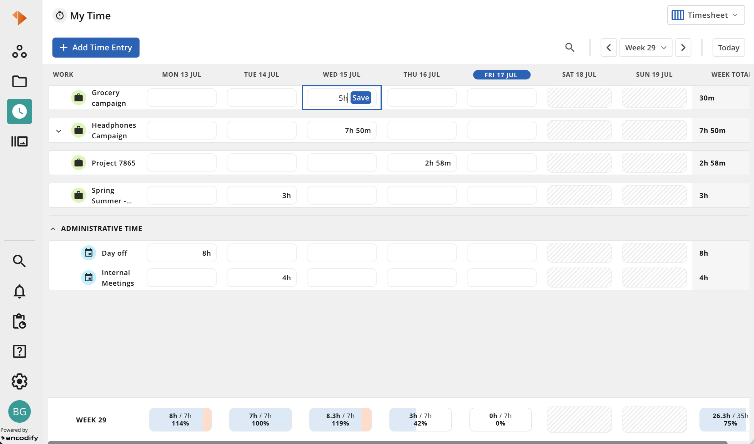 Timesheet displaying work hours and administrative time for the week of July 13-19.