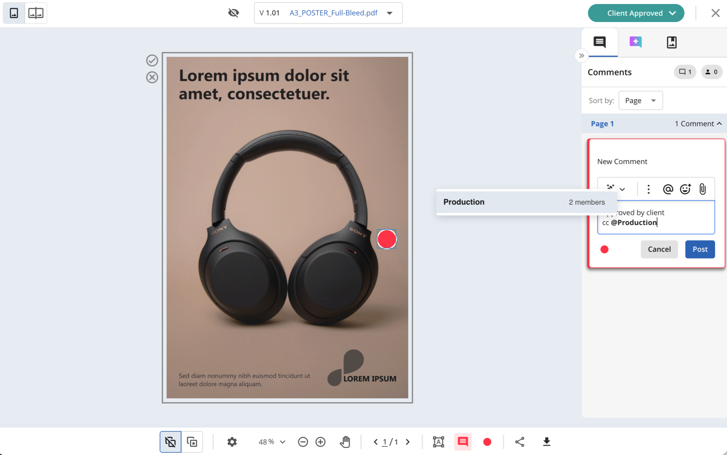 A pair of Sony headphones displayed with placeholder text and comment section visible.