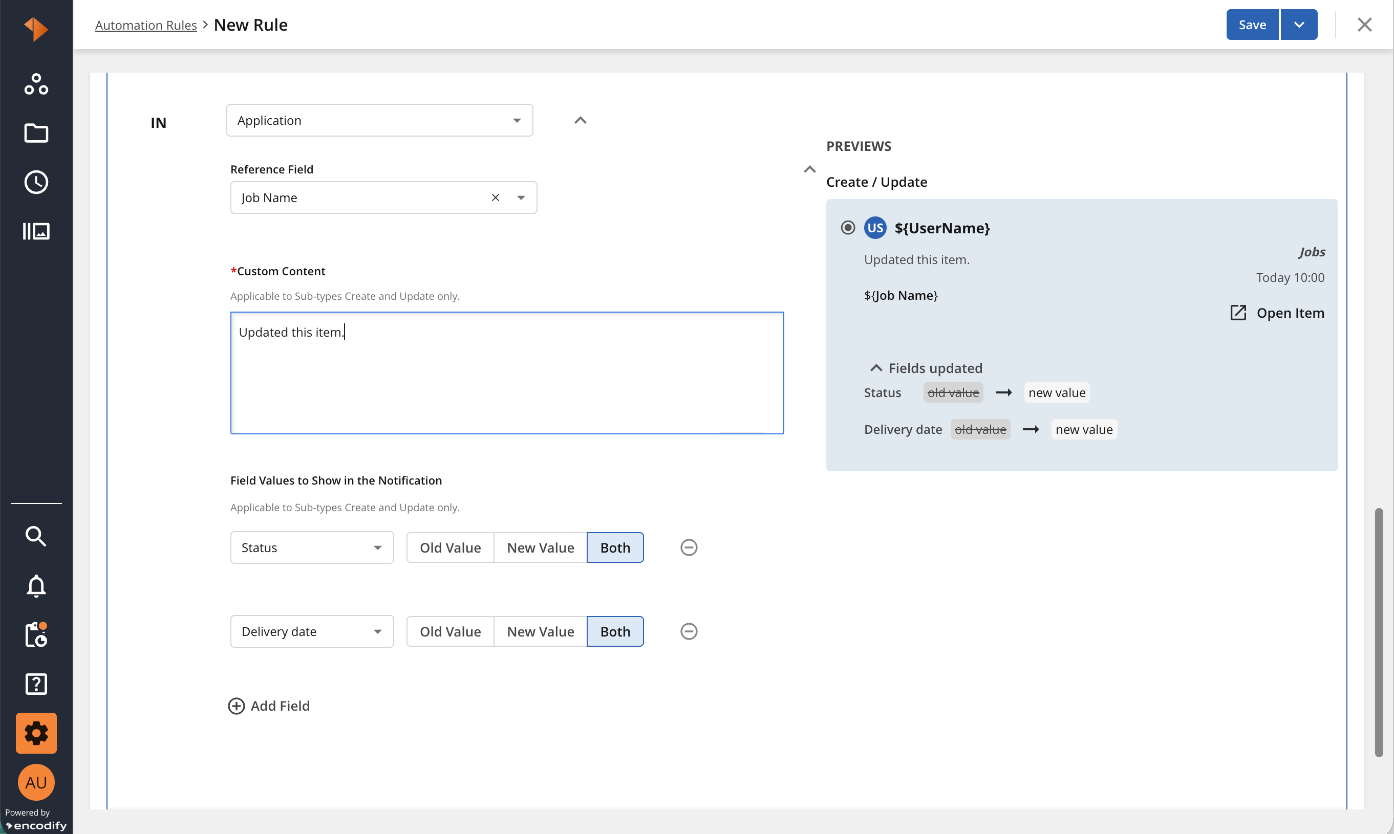 New rule creation interface showing updated job status and delivery date fields.