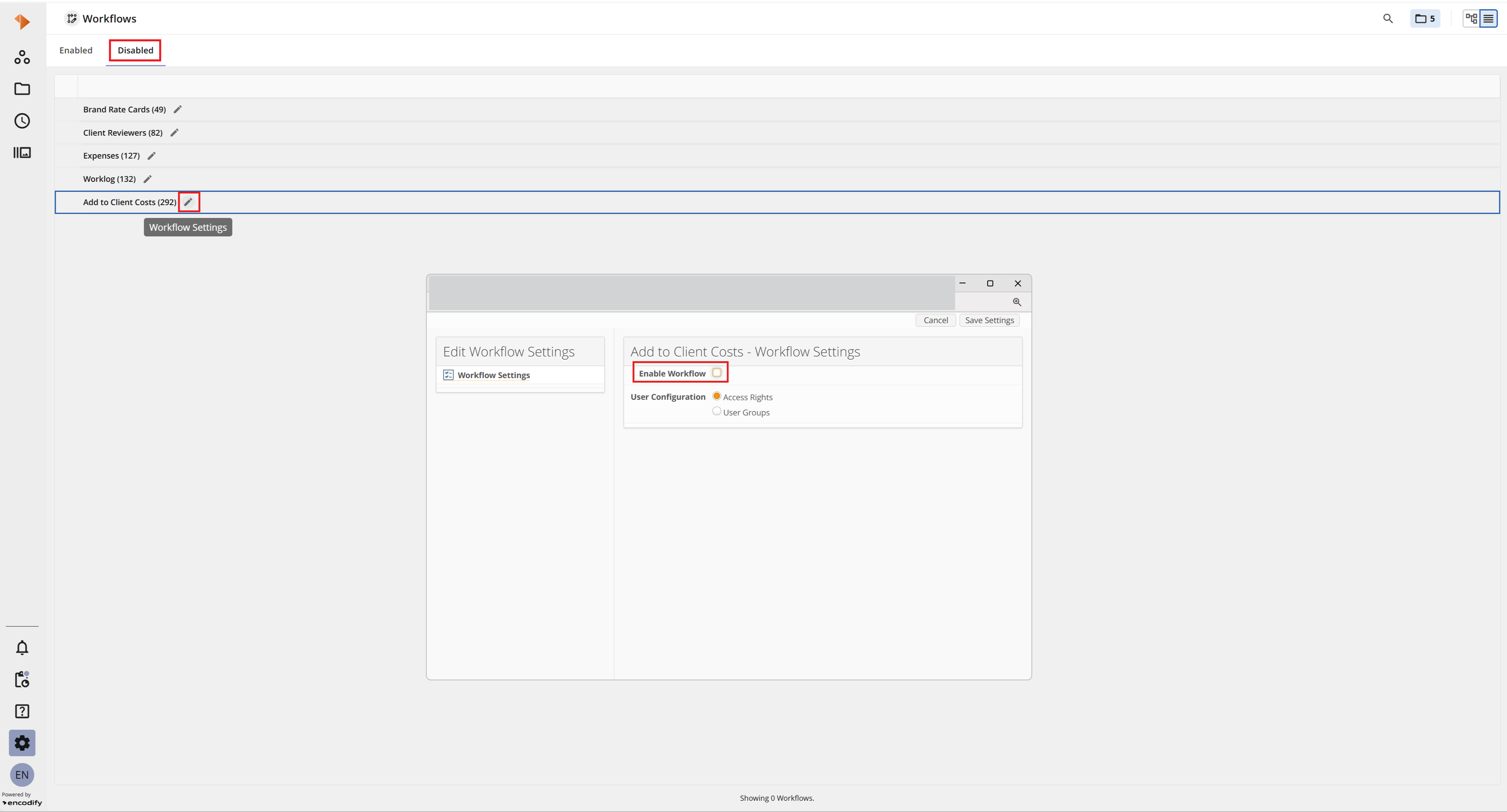 An image highlighting disabled workflows with Edit Workflow Settings window open in List view