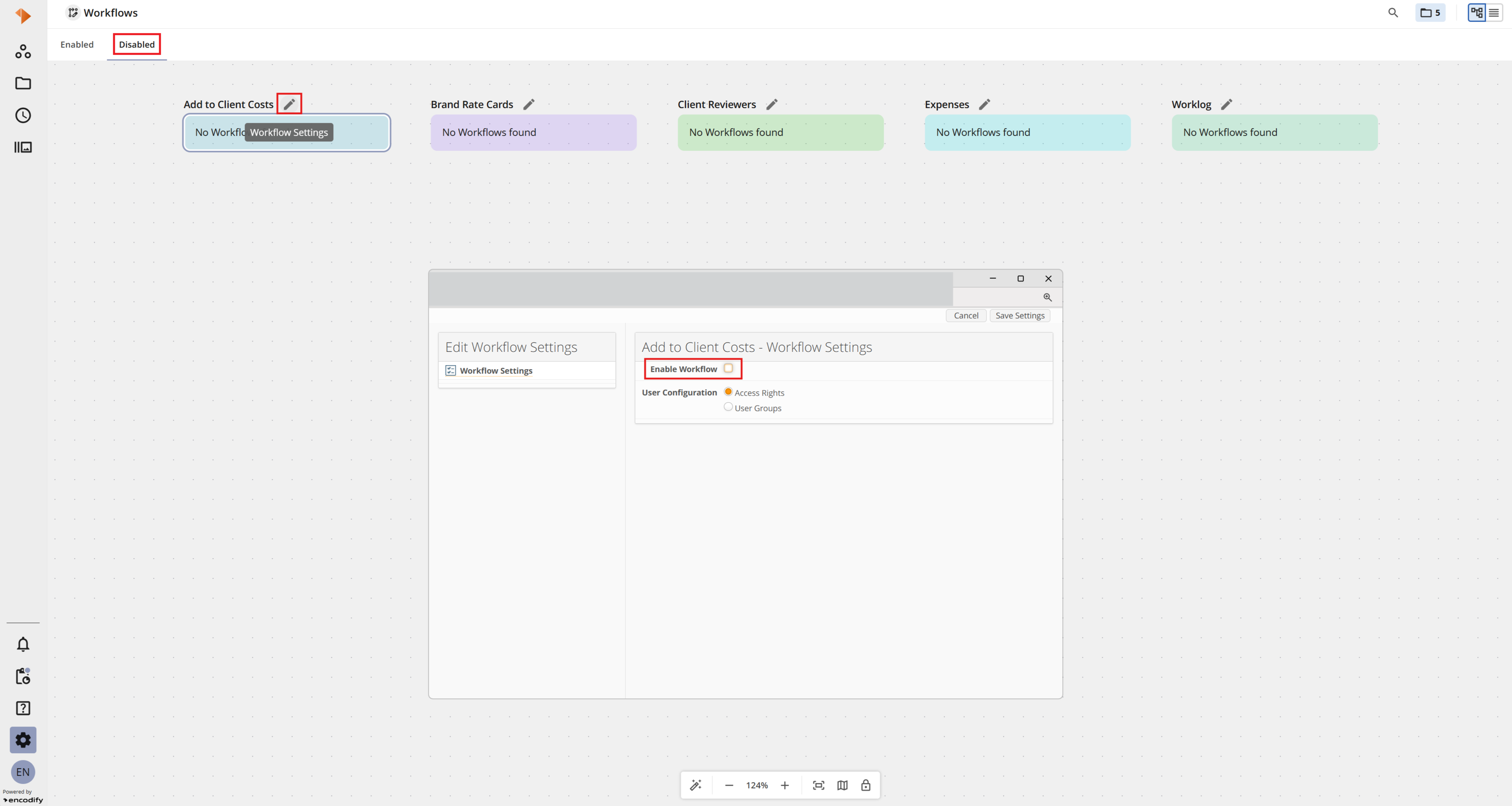 An image displaying disabled workflows with Edit Workflow Settings window open in Diagram view