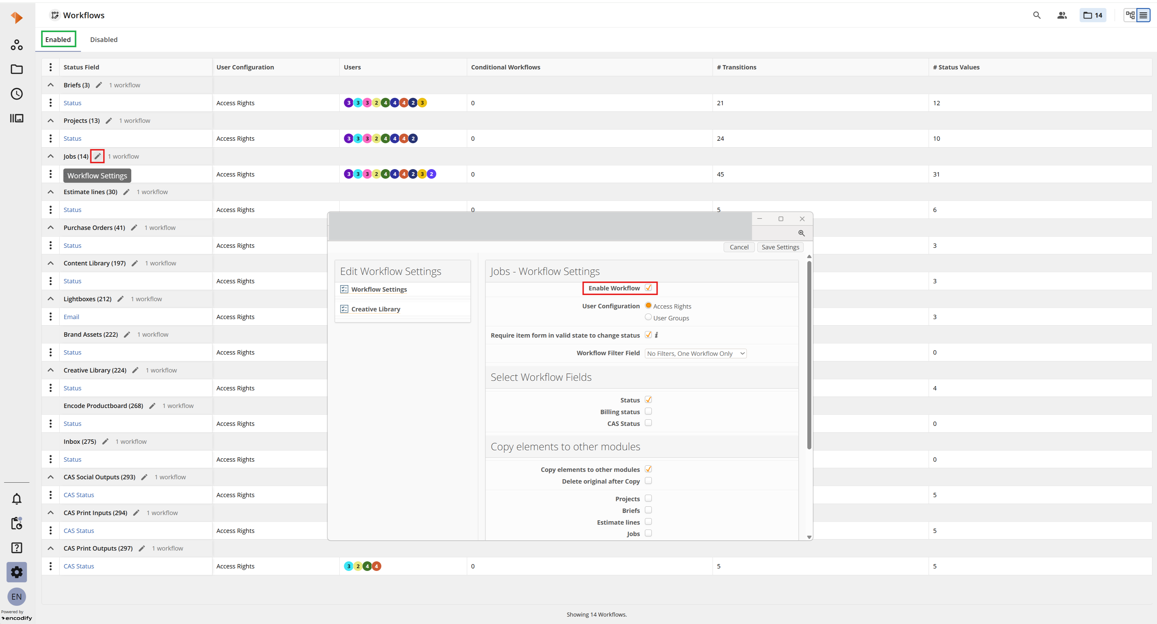 An image highlighting enabled workflows with Edit Workflow Settings window open in List view