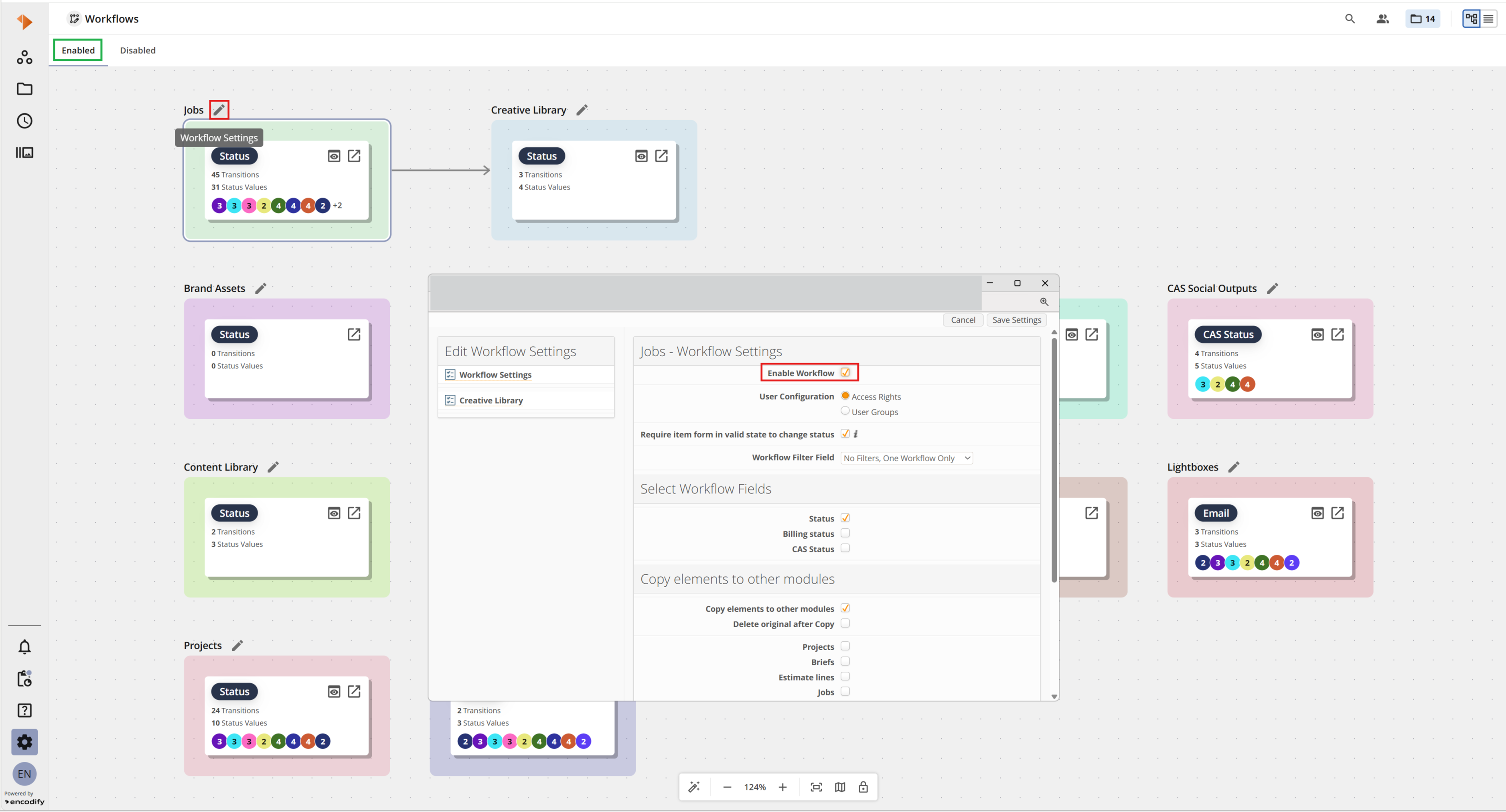 An image displaying enabled workflows with Edit Workflow Settings window open in Diagram view