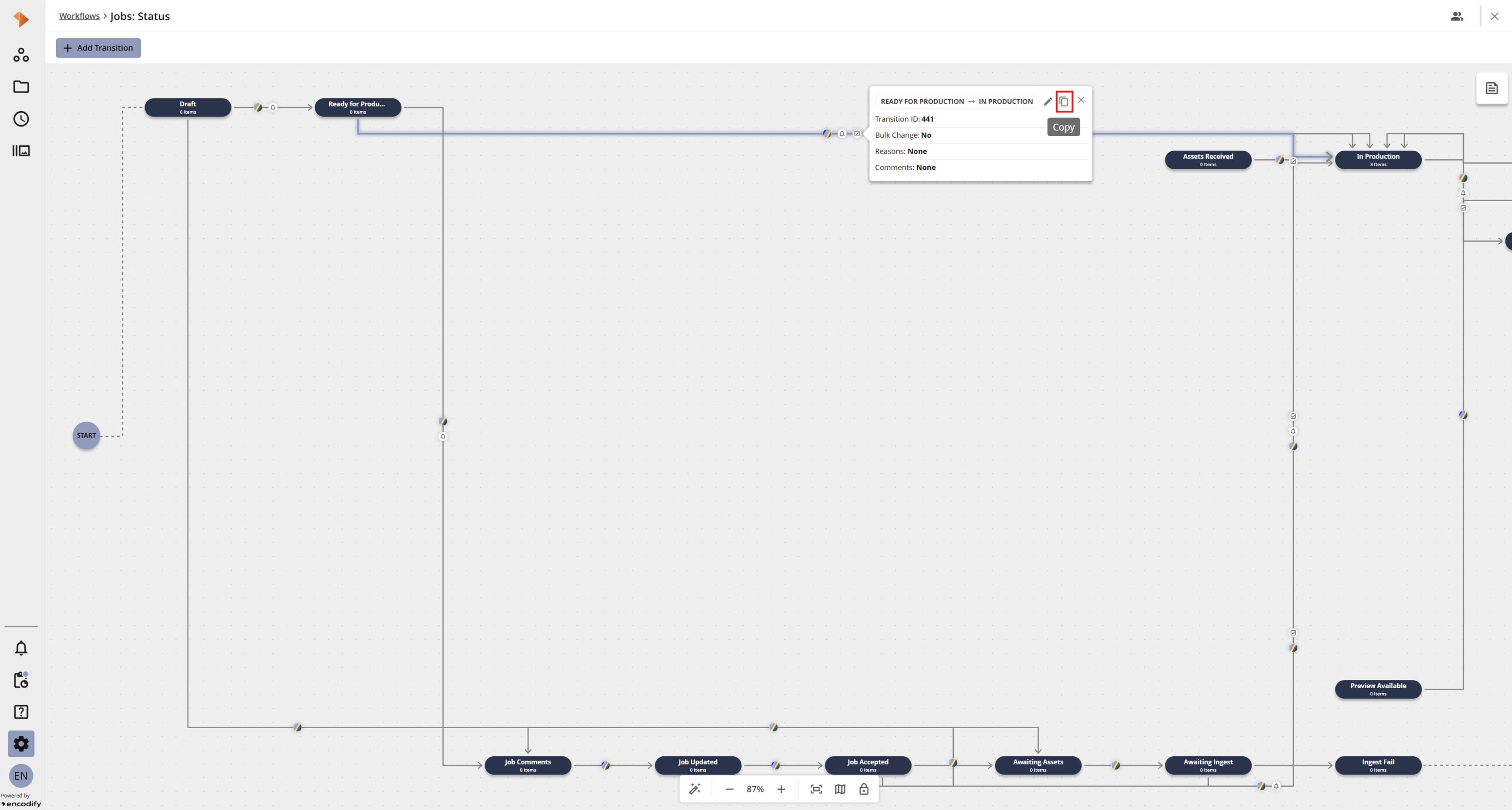 An image displaying workflow transition popup with Copy transition icon