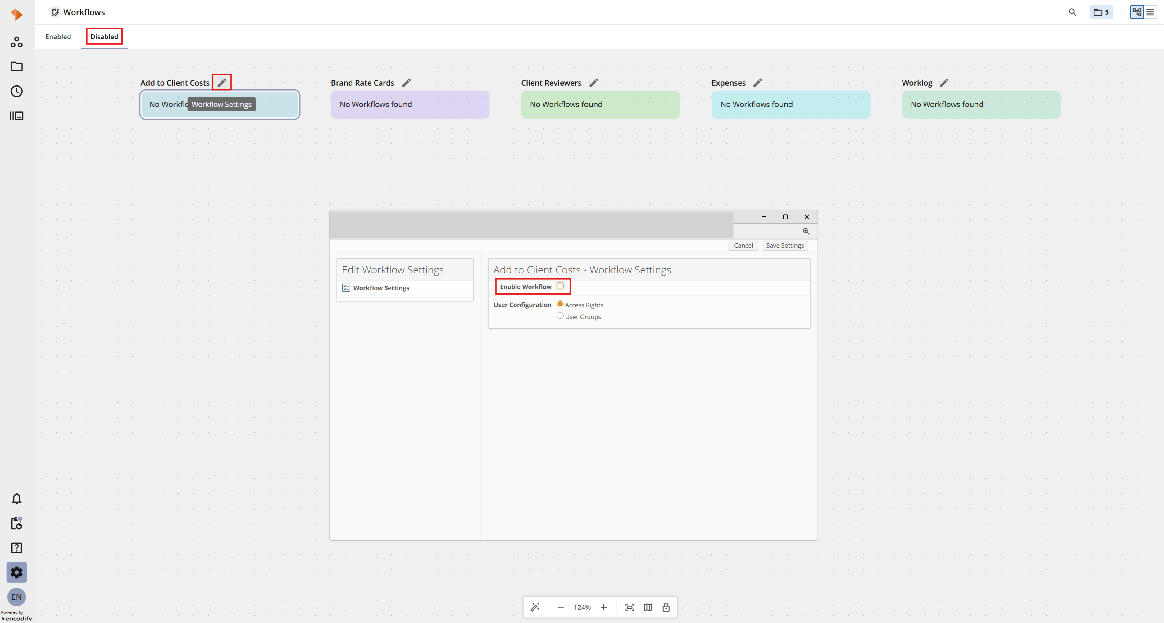 An image highlighting disabled workflows with Edit Workflow Settings window open in List view