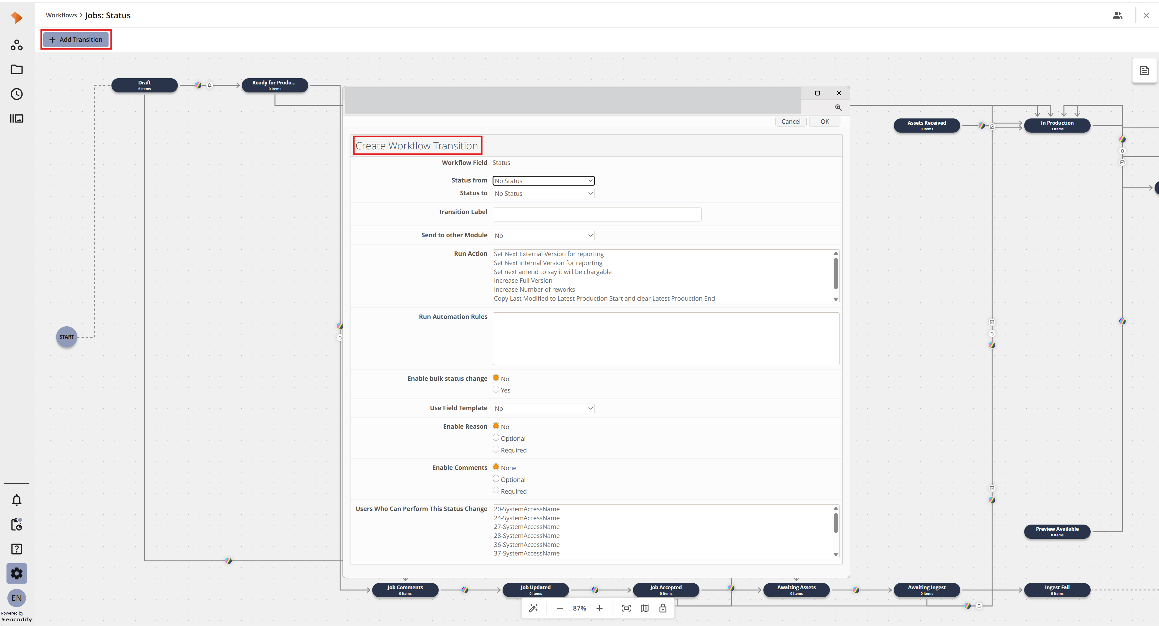 An image highlighting ‘Add Transition’ button and Create Workflow Transition window in Workflow Status view