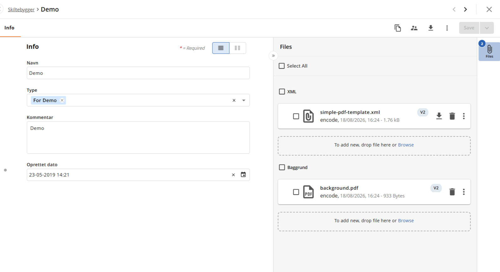 Document interface showing file details, including name, type, and creation date.