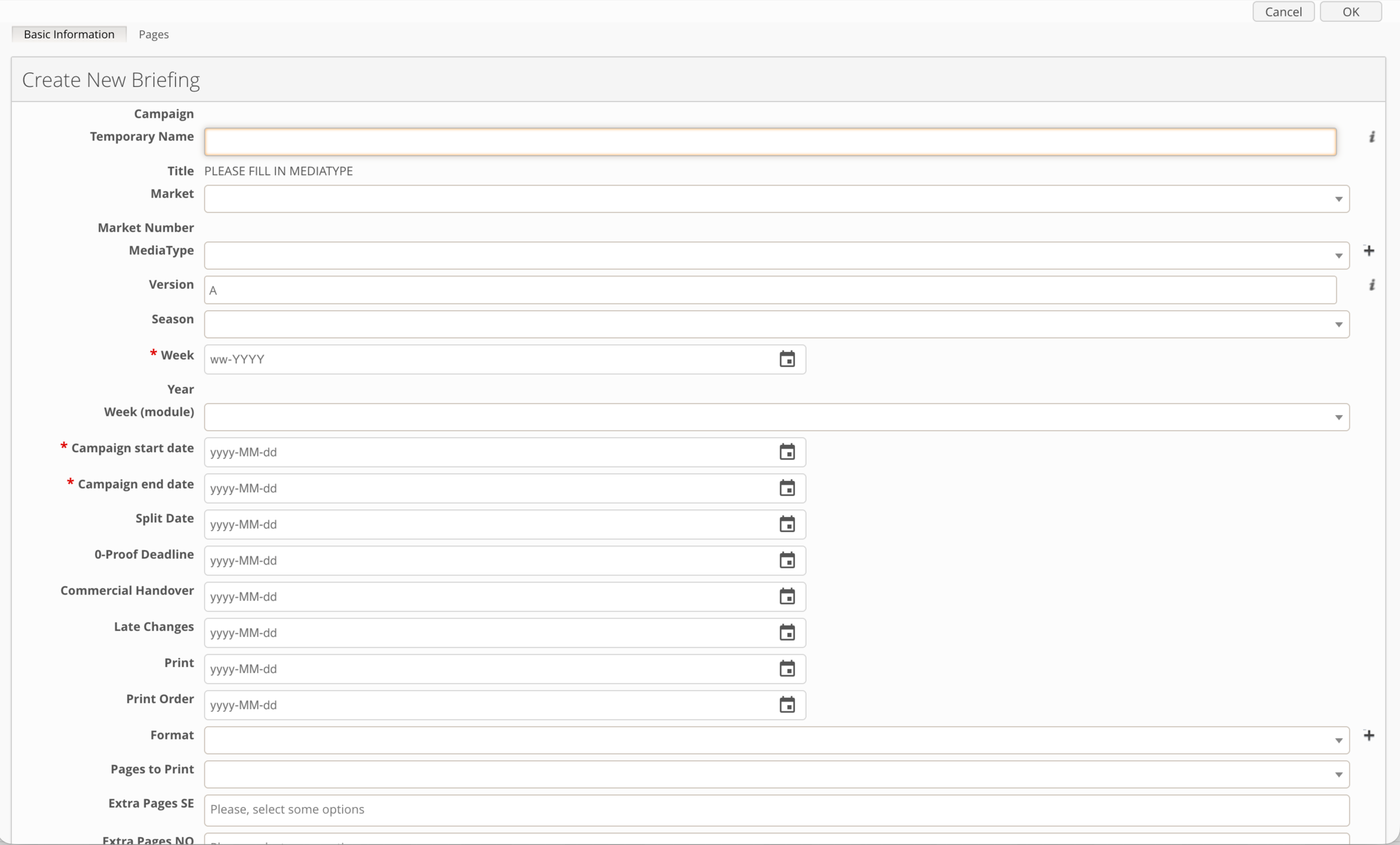 Form for creating a new briefing with various fields to fill out.