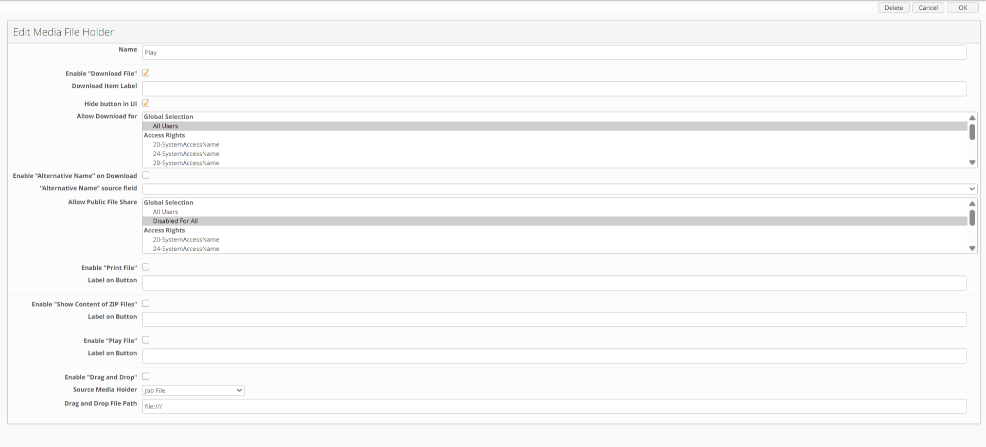 Custom Media File Holder Configuration page
